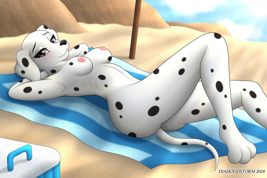 anthro arched_back beach black_spots blush breasts butt butt_from_the_front female fur genitals hands_behind_head light looking_at_viewer lying nipples nude on_back outside purple_eyes pussy raised_leg sand slim solo spots sunbathing sunlight tail towel white_body white_fur diamondstorm 101_dalmatians disney perdita canid canine canis dalmatian domestic_dog mammal 3:2 hi_res