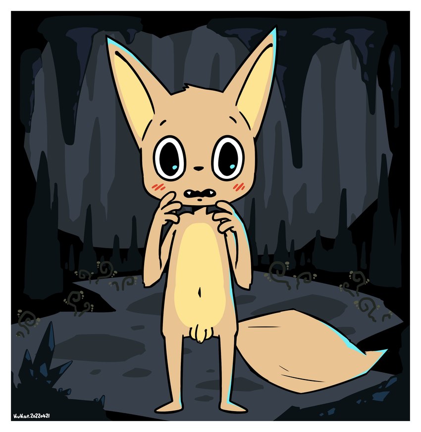 anthro balls big_eyes black_eyes blush border cave clothing embarrassed fangs flaccid foreskin genitals kerchief long_shirt looking_at_viewer male nude open_mouth penis solo standing tail teeth white_border young young_anthro young_male kukat tailed_demon_slayer canid canine fox mammal 2022 absurd_res hi_res