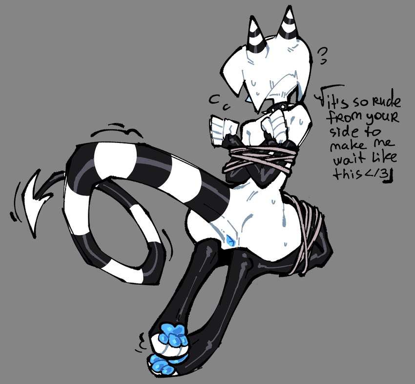 ambiguous_gender anthro anus anus_only arms_tied bdsm black_body blue_anus blue_pawpads bob_cut bound butt collar dialogue grey_background hands_behind_back horn kneeling legs_tied markings multicolored_body pawpads paws rear_view restrained simple_background slim solo spiked_collar spikes striped_body striped_markings striped_tail stripes tail tail_anus tail_markings text white_body btascandalist bat_(btascandalist) imp 2024 english_text hi_res nonbinary_(lore)