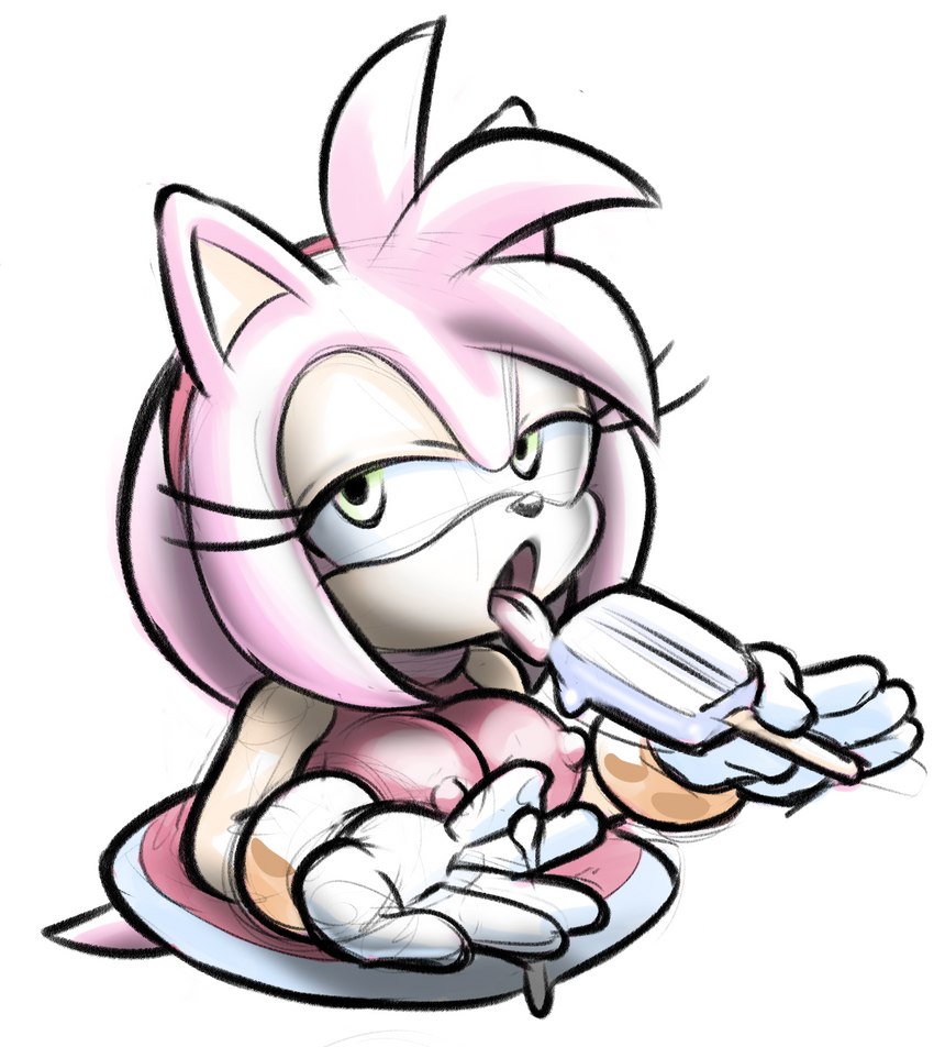 anthro bedroom_eyes breasts clothed clothing dress eating eating_food female food green_eyes hair narrowed_eyes nipple_outline open_mouth pink_body pink_hair popsicle popsicle_melting seductive solo suggestive_eating tongue tongue_out rockthebull sega sonic_the_hedgehog_(series) amy_rose eulipotyphlan hedgehog mammal 2023 hi_res