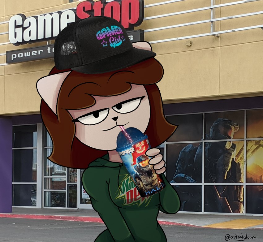 2000s_theme anthro baseball_cap beverage brown_hair clothing female fur hair hat headgear headwear hoodie photo_background solo tan_body tan_fur topwear astralgloom a_kitty_bobo_show gamestop halo_(series) microsoft mountain_dew xbox_game_studios maggie_(kitty_bobo) domestic_cat felid feline felis mammal 2021 hi_res mixed_media photography_(artwork)