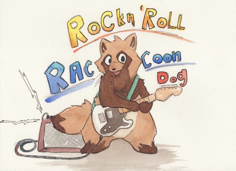 anthro brown_body brown_fur fur guitar male musical_instrument plucked_string_instrument solo string_instrument text tinntira canid canine mammal raccoon_dog tanuki 2018 absurd_res hi_res