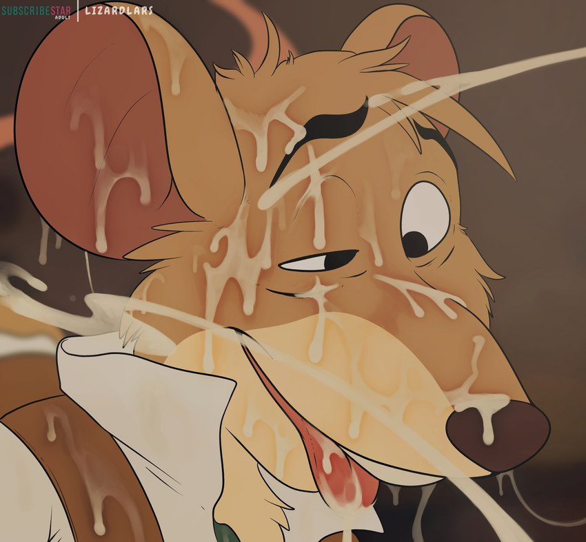 anthro bodily_fluids bukkake clothed clothing cum cum_in_mouth cum_inside cum_on_ear cum_on_face cumshot ejaculation excessive_cum excessive_genital_fluids fur genital_fluids male solo tan_body tan_fur topwear vest lizardlars disney the_great_mouse_detective basil_(disney) mammal mouse murid murine rodent absurd_res bust_portrait hi_res portrait