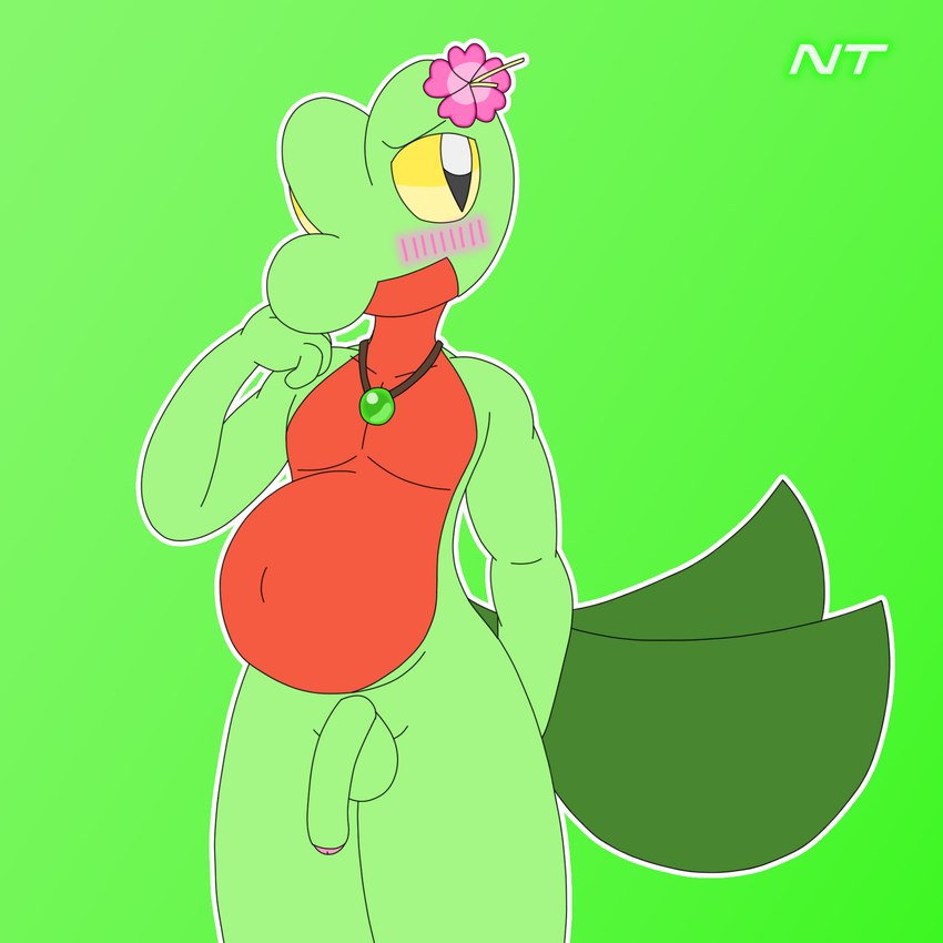 2_tails anthro balls belly blush blush_lines embarrassed flower flower_accessory flower_on_head foreskin genitals green_background green_body green_tail hand_behind_back jewelry looking_at_viewer male multi_tail necklace nude penis plant pokemorph pregnant pregnant_anthro pregnant_male red_belly simple_background smile solo standing tail wide_hips yellow_eyes ninjatreecko nintendo pokemon fern_shinamori generation_3_pokemon pokemon_(species) reptile scalie treecko 1:1 digital_media_(artwork) hi_res