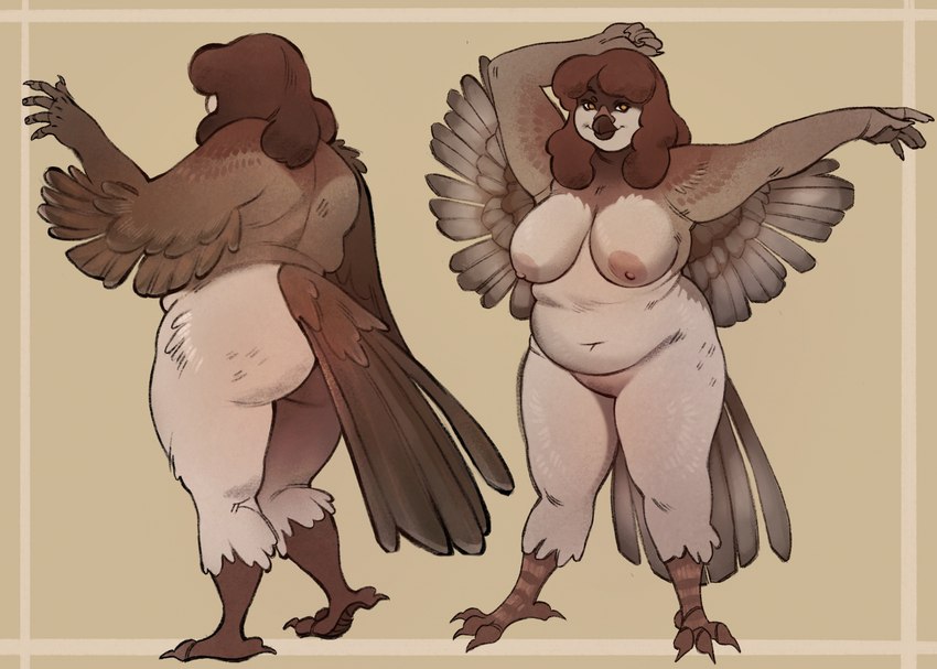 anthro areola beak biped breasts brown_body brown_eyes brown_feathers brown_hair butt feathers featureless_crotch feet female female_anthro hair nipples non-mammal_breasts non-mammal_nipples sagging_breasts simple_background slightly_chubby slightly_chubby_anthro slightly_chubby_female smile solo standing tail tail_feathers talons toes winged_arms wings niochem avian bird oscine passerine sparrow 2023 hi_res