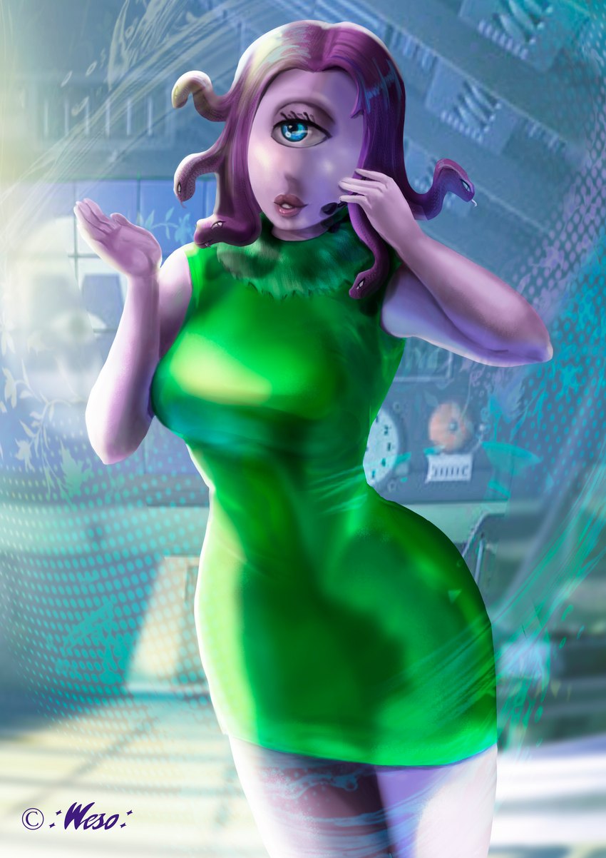 5_fingers anthro blue_eyes breasts clothed clothing eyelashes female fingers looking_away monster_girl_(genre) pose solo weso disney monsters_inc pixar celia_mae cyclops humanoid monster monstrous_humanoid absurd_res digital_media_(artwork) hi_res pinup