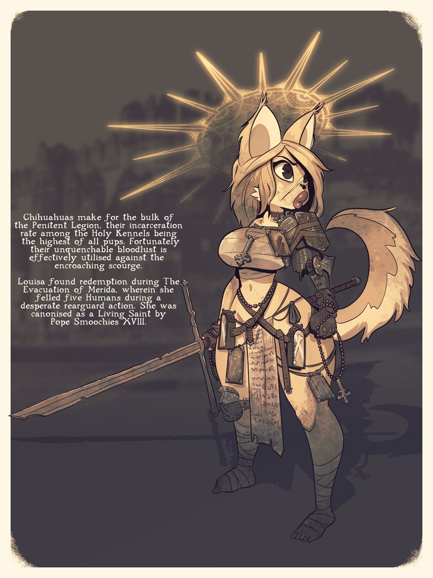 anthro armor bandage bandaged_chest bandaged_foot bandaged_leg big_breasts black_hair breasts broken_sword female hair halo holding_melee_weapon holding_object holding_sword holding_weapon lips long_hair melee_weapon navel raised_tail shoulder_armor solo standing sword tail text thick_lips thick_thighs unconvincing_armor weapon wide_hips rapscallion canid canine canis domestic_dog mammal 2023 english_text hi_res