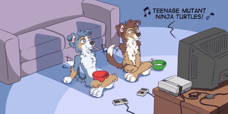 80's_theme anthro barefoot belly bent_arm bent_legs black_nose blue_body blue_eyes blue_fur bowl bowl_in_lap brown_body brown_eyes brown_fur cable casual_nudity cereal container container_in_lap controller controller_on_ground cord crossed_legs crt duo electronics extended_arm feet female floppy_ears fluffy fluffy_tail food fur furniture game_console game_controller gesture hands_between_legs happy humanoid_hands inside kitchen_utensils male mouth_hold multicolored_body multicolored_fur nes_console nes_controller nintendo_console nintendo_controller nude object_in_lap object_in_mouth paws retro_console retro_controller rf_adapter_switch sitting sitting_on_ground slim smile social_nudity sofa spots tail tail_gesture tail_motion tailwag tan_body tan_fur television text thin_calves thin_legs thin_thighs tools utensil_in_mouth watching_television white_belly white_body white_fur wired_controller young young_anthro tim_weeks nintendo nintendo_entertainment_system savestate teenage_mutant_ninja_turtles kade_(savestate) nicole_(savestate) australian_shepherd blue_merle canid canine canis domestic_dog herding_dog mammal pastoral_dog red_merle sheepdog 2:1 english_text brother_(lore) brother_and_sister_(lore) sibling_(lore) sister_(lore)