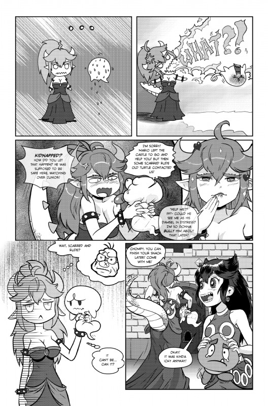 alternate_species big_breasts breasts butt castle cleavage clothed clothing crossgender crown dialogue dress female fire headgear horn shell spikes super_crown text pencils_(artist) bowsette_meme mario_bros nintendo bowser chompette chompy_(pencils) jugem_(pencils) animal_humanoid boo_(mario) chain_chomp ghost goomba horned_humanoid humanoid koopa scalie spirit 2019 comic english_text hi_res meme monochrome