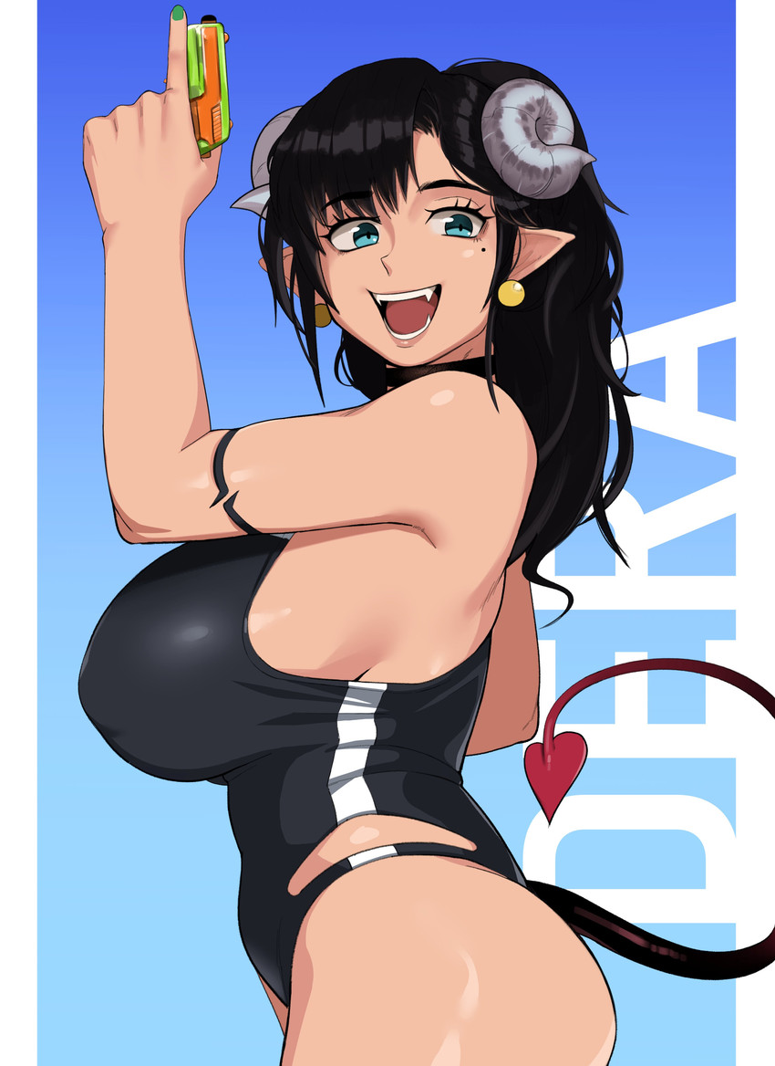 big_breasts big_butt breasts butt clothing ear_piercing female horn humanoid_pointy_ears looking_at_viewer looking_back not_furry one-piece_swimsuit open_mouth open_smile piercing pointy_ears smile solo spade_tail swimwear tail teal_eyes teeth thick_thighs tongue toy toy_gun water_gun wide_hips kevbot demon horned_humanoid humanoid absurd_res hi_res