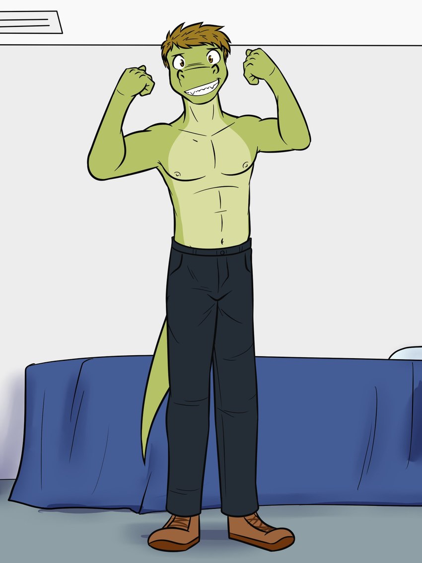 anthro bed bottomwear clothed clothing flexing footwear furniture male navel nipples pants shoes solo topless fuze gabriel_(fuze) alligator alligatorid crocodilian reptile scalie 3:4 full-length_portrait hi_res portrait