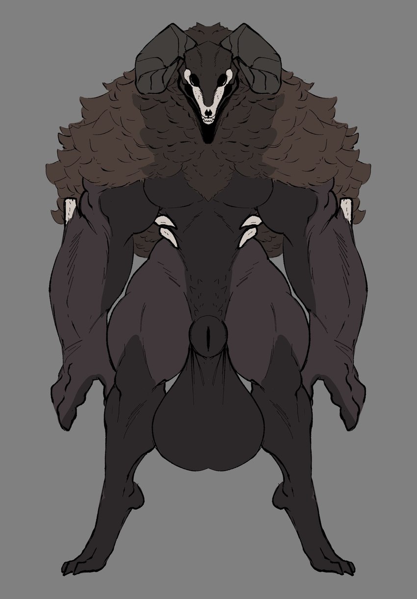 animal_genitalia anthro ball balls big_balls big_hands big_sheath black_body black_fur bone bovid_horn brown_body brown_fur caprine_horn crotch_tuft dark_body dark_fur digitigrade exposed_bone fully_sheathed fur genitals horn huge_balls male mane muscular muscular_anthro muscular_arms muscular_male muscular_thighs ram_horn ribs saggy_balls sheath skull skull_head solo thick_thighs tuft repomorame american_mythology indigenous_north_american_mythology mythology north_american_mythology cryptid monster wendigo hi_res