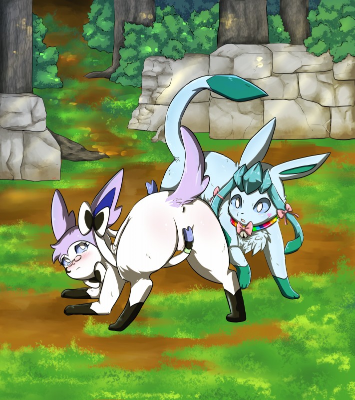 anus bent_over blue_body blue_fur blush butt clothing duo eyewear female femboy feral fur genitals glasses hair looking_back open_mouth outside presenting presenting_hindquarters pussy ribbons simple_background raveneevee nintendo pokemon fan_character glacey_(glaceonthepet) iris_the_sylveon canid canine eeveelution generation_4_pokemon generation_6_pokemon glaceon mammal pokemon_(species) sylveon 2018 absurd_res digital_media_(artwork) hi_res