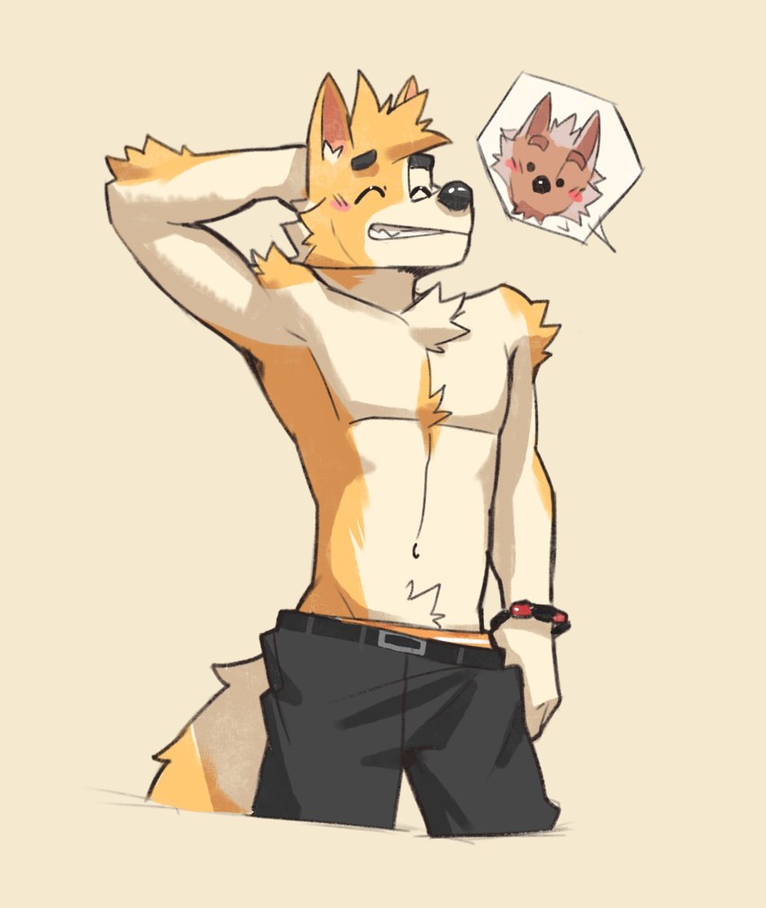 anthro athletic athletic_anthro athletic_male biped blush blush_lines brown_body brown_fur countershade_fur countershading duo eyes_closed fur male shirtless_anthro shirtless_male solo_focus white_body white_countershading white_fur yellow_body yellow_fur greyy greyy_(greyy) canid canine canis mammal wolf 2024 absurd_res hi_res