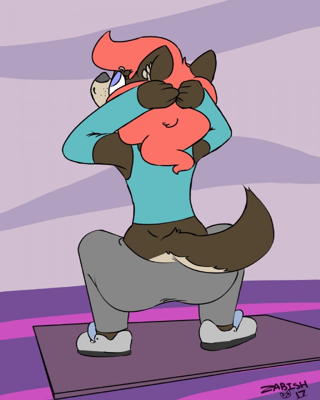 anthro biped bottomwear clothed clothing crouching fully_clothed fur hair male pants shirt simple_background solo topwear yoga_pants zadirtybish zabi_(zabish) canid canine canis mammal wolf 4:5 hi_res signature