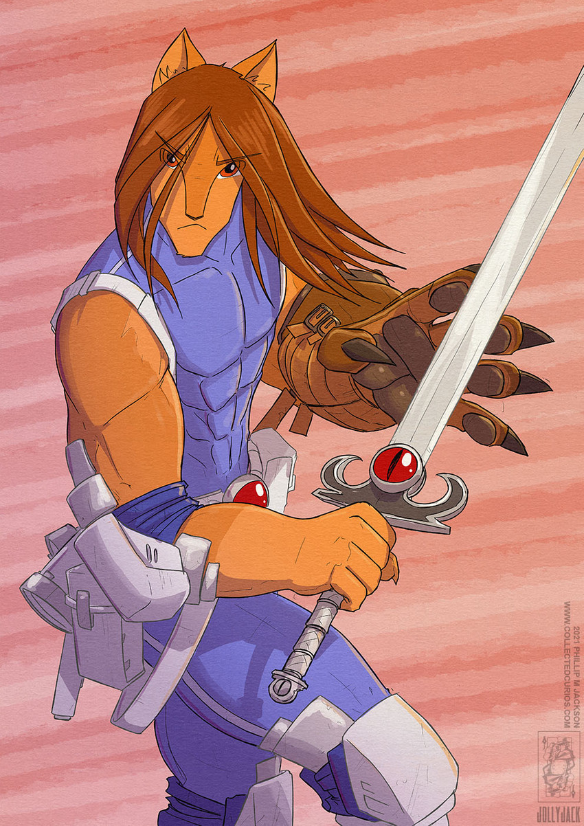 abs anthro armor brown_eyes brown_hair claws clothed clothing fully_clothed fur gauntlets gloves hair handwear looking_at_viewer male melee_weapon muscular muscular_anthro muscular_arms muscular_male orange_body orange_fur pawpads pink_background simple_background solo sword sword_of_omens text weapon conditional_dnp jollyjack thundercats lion-o felid lion mammal pantherine 2021 hi_res url