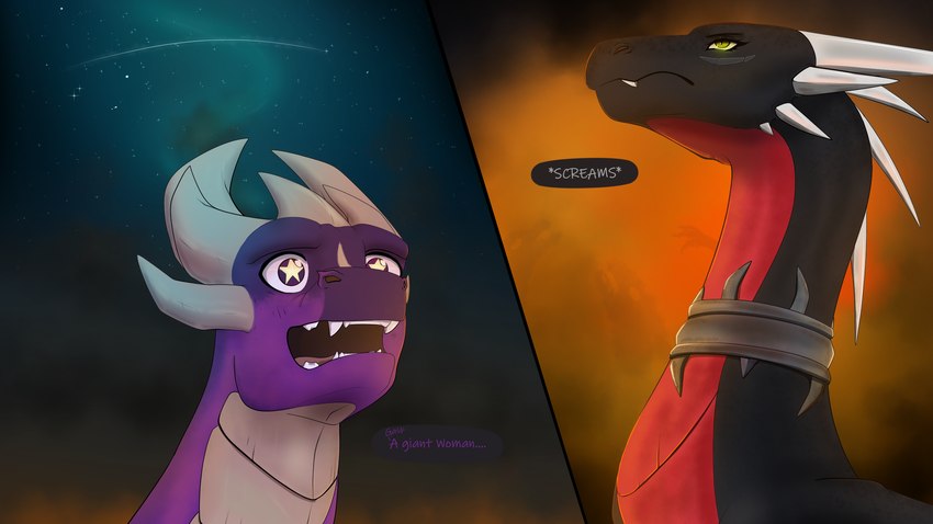 black_body dialogue fangs female feral horn jewelry male multi_horn necklace night purple_body screaming size_difference solo star star_eyes teeth text young young_male apollyondragon activision cartoon_network mythology spyro_the_dragon steven_universe corrupt_cynder malefor dragon mythological_creature mythological_scalie scalie 2025 digital_drawing_(artwork) digital_media_(artwork) hi_res signature