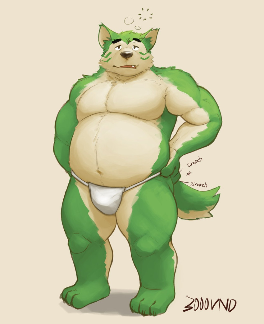 anthro asian_clothing belly bulge clothing east_asian_clothing fundoshi fur green_body green_fur japanese_clothing male navel overweight overweight_anthro overweight_male solo text tired underwear 3000vnd lifewonders live_a_hero mokdai canid canine canis domestic_dog mammal 2020 hi_res