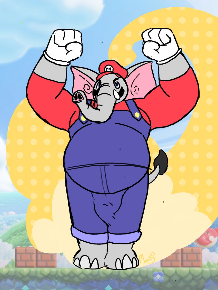 anthro bulge clothed clothing clothing_bulge facial_hair flexing gloves handwear hat headgear headwear male moobs mustache overalls overweight overweight_anthro overweight_male proboscis_(anatomy) shirt solo tail tail_tuft topwear trunk_(anatomy) tuft tusks baron_montesque mario_bros nintendo super_mario_bros_wonder elephant_mario mario elephant elephantid mammal proboscidean 3:4 hi_res