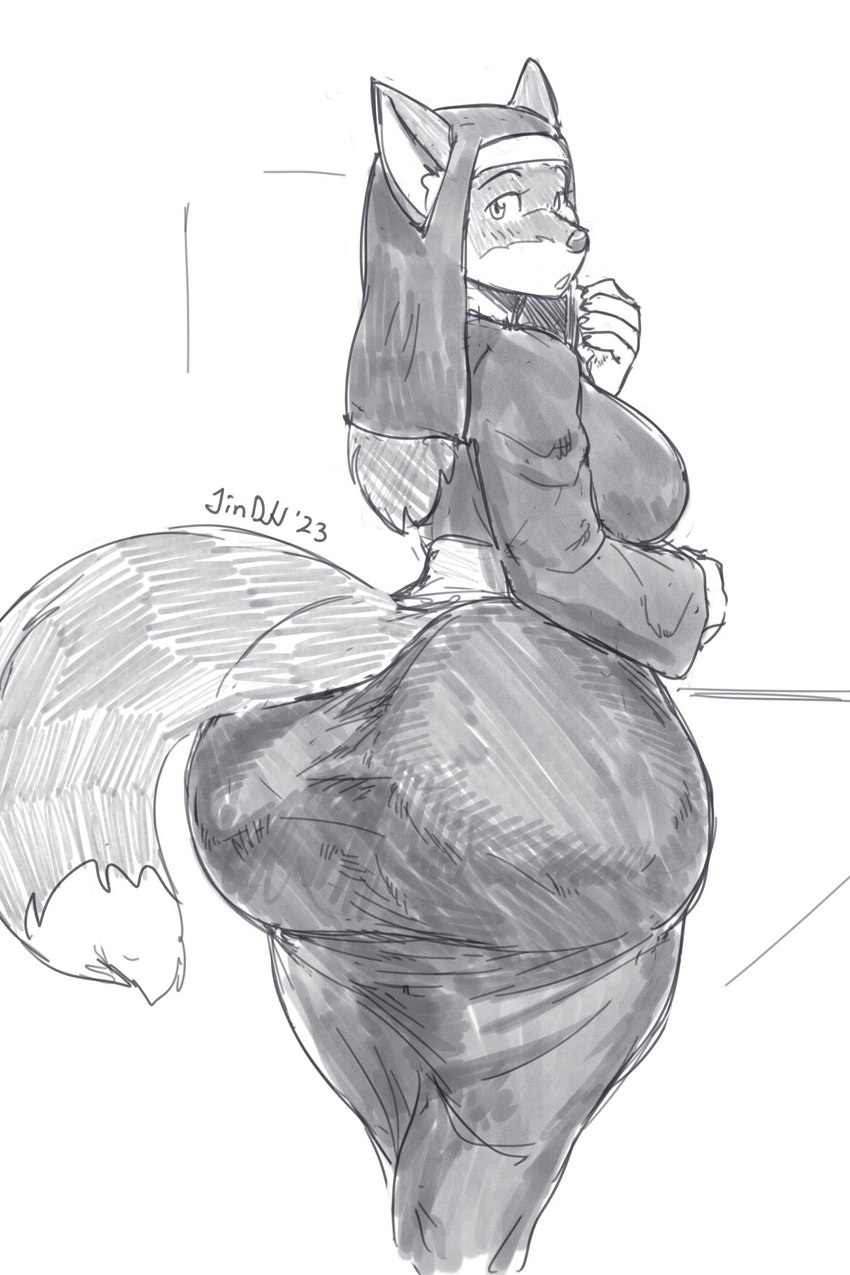 anthro big_breasts big_butt black_nose breasts butt clothed clothing dipstick_tail eyebrows eyelashes female fully_clothed huge_butt looking_at_viewer looking_back markings nun nun_habit open_mouth religious_clothing robe simple_background solo tail tail_markings wide_hips jindragowolf edith_bellbottom canid canine fox mammal 2023 2:3 guide_lines hi_res monochrome sketch