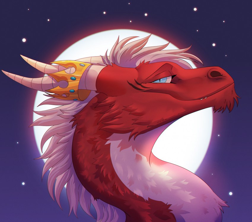 blue_eyes crown facing_right feral fur headgear horn looking_at_viewer male moon night red_body red_fur simple_background sky smile solo star starry_sky tuft white_body white_fur white_horn thexlewdxmoose mythology axis_(darkastray) dragon furred_dragon furred_scalie mythological_creature mythological_scalie scalie