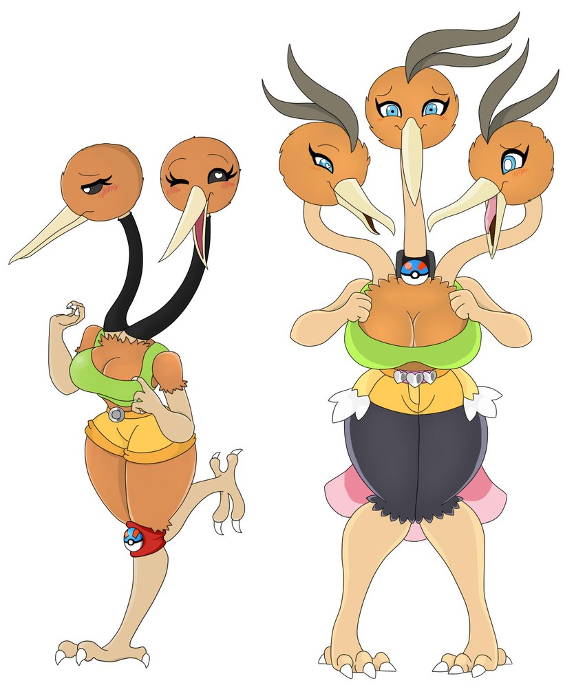 2_heads 3_heads anthro beak belt big_breasts black_eyes blue_eyes bottomwear breasts brown_body brown_hair clothing collar duo female hair heart_eyes heart_symbol legwear multi_head pokeball pokeball_collar shirt shorts simple_background topwear white_background urusee584 nintendo pokemon dodrio doduo generation_1_pokemon pokemon_(species) hi_res