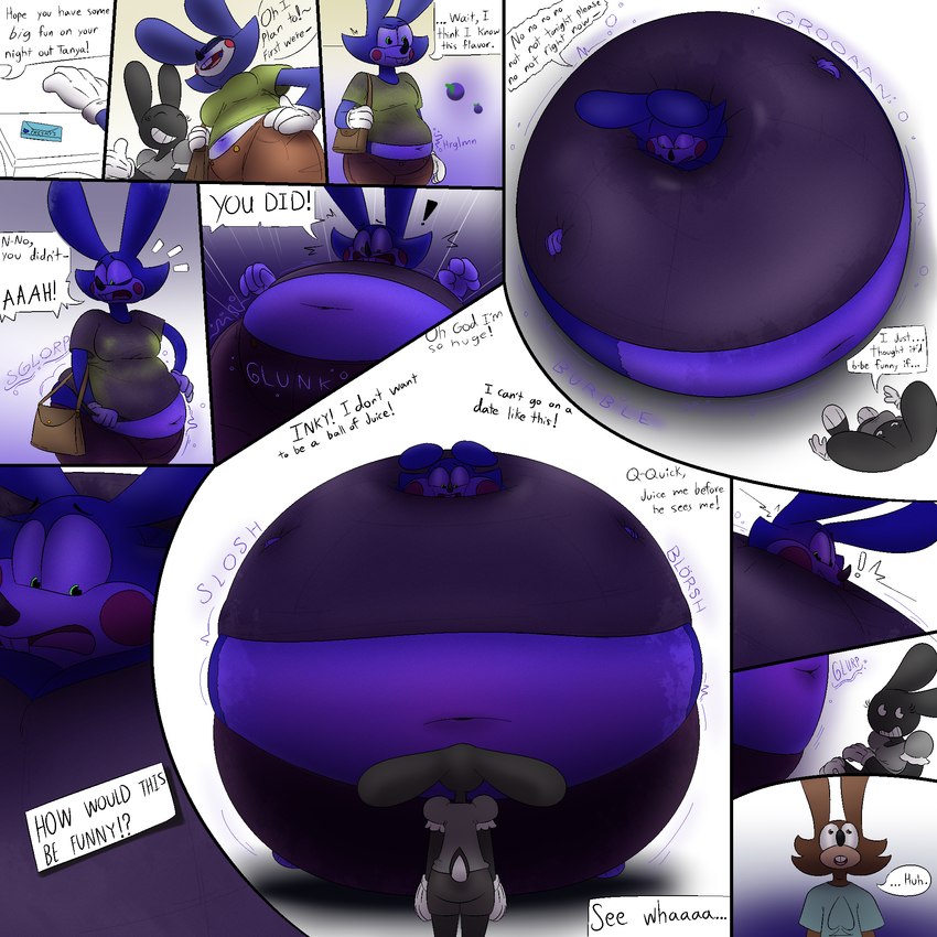 ?! anthro bar_emanata belly big_belly black_eyebrows black_text blorsh blue_body blue_cheeks blue_clothing blue_countershading blue_ears blue_emanata blue_fur blue_gloves blue_handwear blue_sclera blue_shirt blue_t-shirt blue_tail blue_text blue_topwear blueberry_(fruit) blueberry_inflation bodily_noises bottomwear brown_bottomwear brown_clothing brown_shorts buckteeth button_(fastener) button_pop candy cheek_spots chewing chewing_gum clothed clothed_anthro clothed_female clothed_male clothing countershade_face countershade_torso countershading deep_navel describing_size dessert dialogue different_sound_effects ellipsis emanata exclamation_point extended_arm eyebrows eyelashes female female_anthro food forced forced_inflation fruit fur glorp gloves glunk_(sound_effect) green_eyes group gum handwear high-angle_view huge_belly hyper hyper_belly hyper_inflation immobile inflation interjection larger_anthro larger_female liquid_inflation low-angle_view male male_anthro midriff name_in_dialogue navel open_mouth panicking pie_cut_eyes plant pockets polygonal_speech_bubble purse question_mark red_cheeks shirt shorts simple_background size_difference slosh sloshing_belly smaller_anthro smaller_female smaller_male sound_effect_variant sound_effects spades_(suit) speech_bubble spherical_inflation stuttering suit_symbol t-shirt tail talking_to_another teeth text text_box toony topwear trio vowelless vowelless_sound_effect wardrobe_malfunction white_background white_emanata white_eyes yellow_button yellow_clothing yellow_shirt yellow_topwear thatoneaceguy inky_(thatoneaceguy) nicky_(thatoneaceguy) tanya_granger inkblot lagomorph leporid mammal rabbit 1:1 2020 aliasing colored comic digital_media_(artwork) hi_res shaded