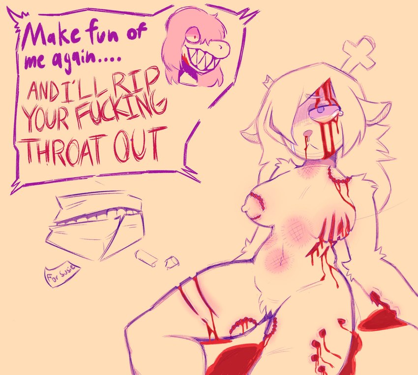 abuse anthro bad_end bite_mark blood bodily_fluids broken_horn bruised dying empty_eyes female gore horn laceration mauling misunderstanding mutilation nosebleed secretly_loves_it solo text galaxiedraws deltarune undertale_(series) noelle_holiday susie_(deltarune) absurd_res english_text hi_res