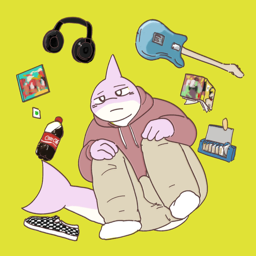 anthro black_headphones book bottomwear clothed clothing electronics grey_headphones headphones hoodie humanoid_hands kemono male multicolored_headphones musical_instrument pants simple_background sitting solo topwear two_tone_headphones bonedra coca-cola fish marine shark 1:1 2020 hi_res