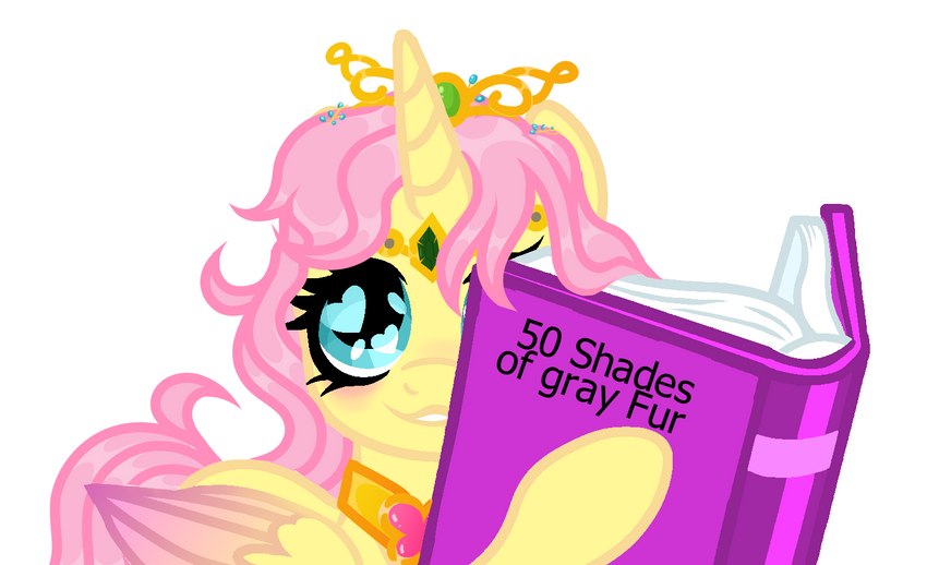 alternate_form alternate_hairstyle alternate_universe book crown element_of_kindness female headgear horn solo tiara two_tone_wings vizirka wings fifty_shades_of_grey friendship_is_kindness friendship_is_magic hasbro my_little_pony mythology fluttershy_(mlp) princess_fluttershy equid equine horse mammal mythological_creature mythological_equine pony winged_unicorn story_at_source