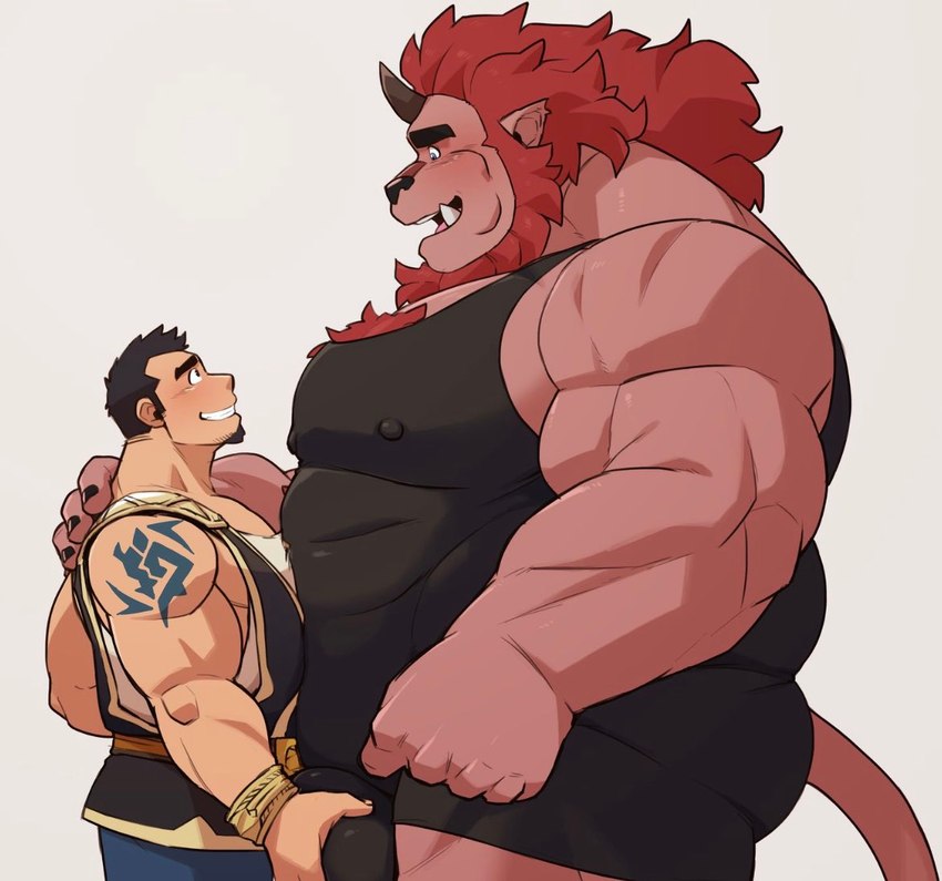 abs anthro ball_grab balls blush bulge_grab clothing duo genitals horn leotard male male/male mane muscular muscular_anthro muscular_male nipples pecs pink_body size_difference othukimi crave_saga gungnir_(crave_saga) demon human mammal