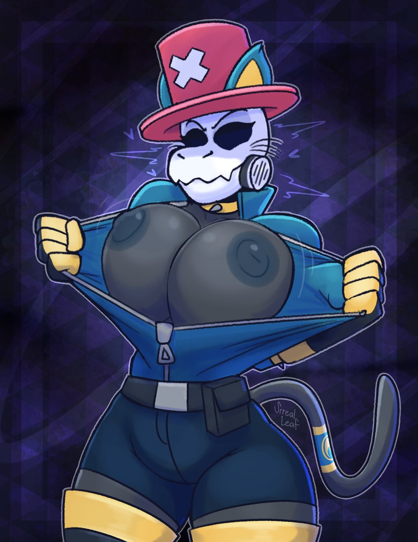 anthro big_breasts big_nipples bone breasts clothing clothing_pull collar exposed_breasts female flashing flashing_breasts hat headgear headwear huge_breasts nipples skull skull_head solo tail zipper zipper_down srrealleaf team_fortress_2 valve flopyro pyro_(team_fortress_2) caracal caracal_(genus) felid feline humanoid mammal absurd_res hi_res