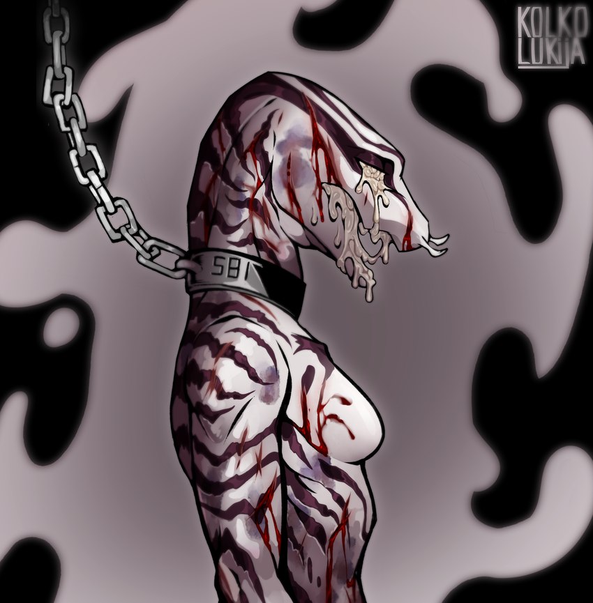 anthro blind blood bodily_fluids chain collar cum cum_in_eye cum_in_mouth cum_inside disability female genital_fluids gore lobotomy messy moraena scar slave solo violence kolkolukija eel fish marine hi_res