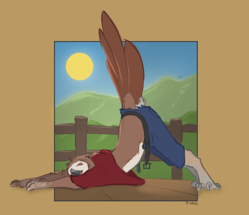 all_fours anthro arched_back ass_up barefoot beak belt big_tail blue_bottomwear blue_clothing blue_shorts blue_sky bottomwear brown_body brown_feathers clothing detailed_background eyes_closed feathers feet fence grass grey_beak grey_feet growth hill human_to_anthro landscape light looking_pleasured male morning open_mouth outside pants plant red_clothing red_shirt red_tongue red_topwear shadow shirt shorts sky smile solo species_transformation sunlight sunny t-shirt tail tail_feathers tail_growth tongue topwear torn_bottomwear torn_clothing torn_shorts transformation white_body white_feathers yawn third-party_edit tuke avian bird owl 2020 color_edit colored shaded