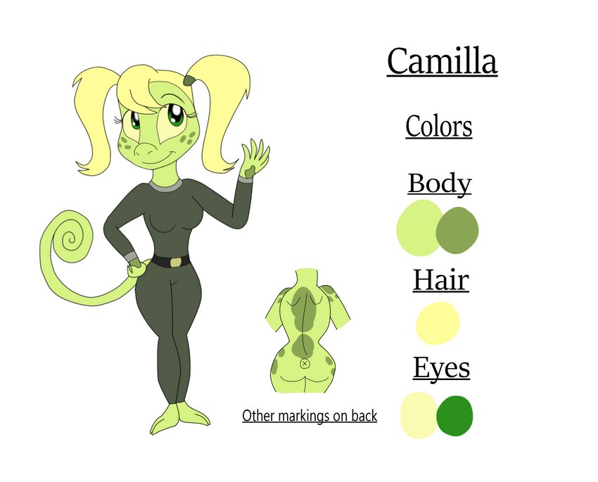 2_toes 5_fingers anthro big_butt blonde_hair breasts butt curled_tail feet female fingers green_body green_eyes green_scales hair markings pigtails scales small_breasts solo spots spotted_markings tail text toes twintails_(hairstyle) wide_hips yellow_sclera kendratheshinyeevee camilla_(kendraeevee) chameleon lizard reptile scalie saurian_(disambiguation) english_text hi_res model_sheet