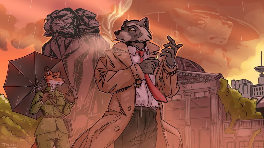 anthro bottomwear clothing detailed_background female humanoid_hands male necktie outside pants raining shirt topwear umbrella jackiry tails_noir howard_lotor renee_wilson canid canine fox mammal procyonid raccoon 16:9 2021 4k absurd_res hi_res widescreen