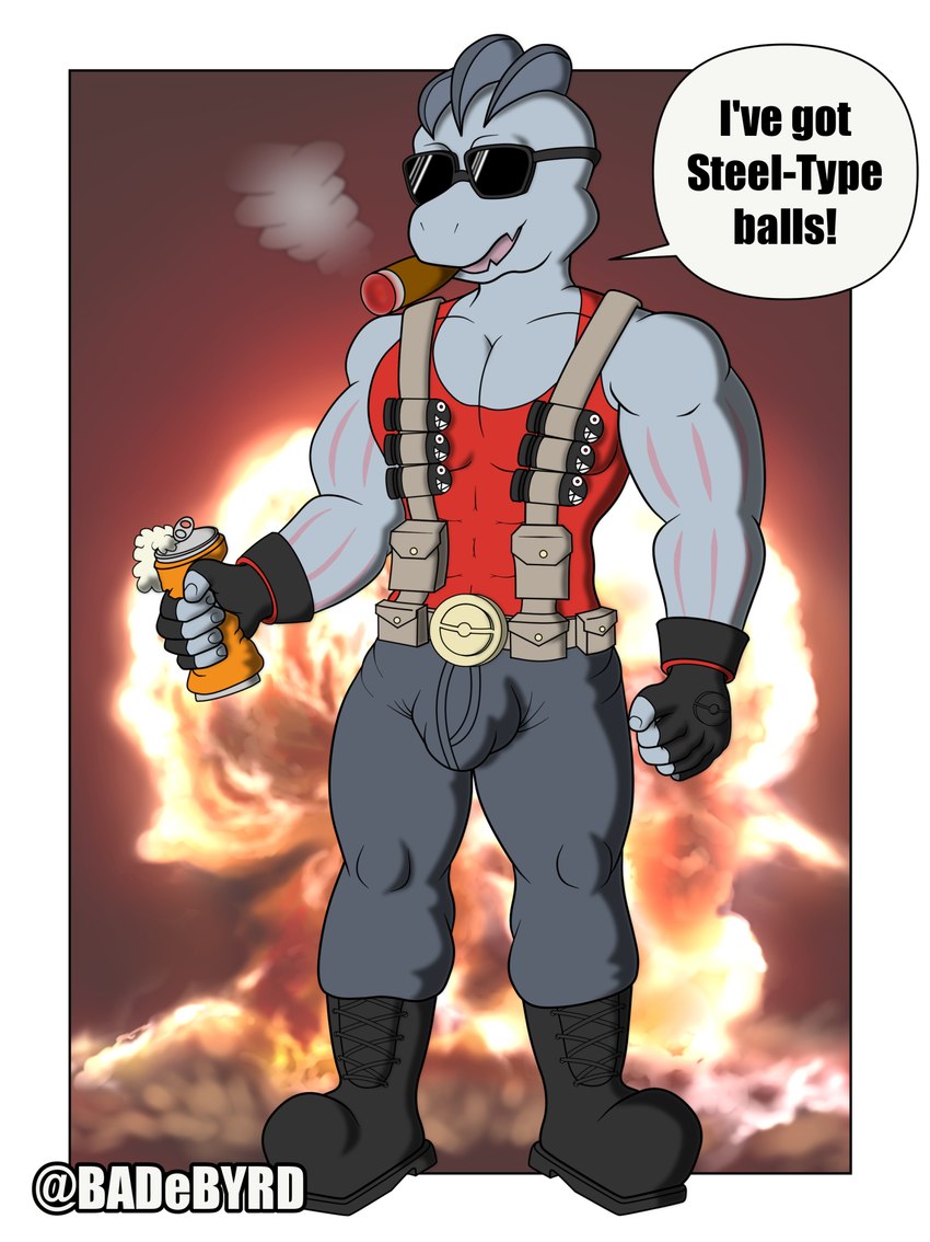 anthro boots bulge cigar clothing combat_boots cosplay crossover_cosplay crushed_can detailed_bulge explosion foam footwear male muscular muscular_male shoes solo speech_bubble text badebyrd duke_nukem_forever nintendo pokemon duke_nukem generation_1_pokemon machoke pokemon_(species) crossover english_text hi_res