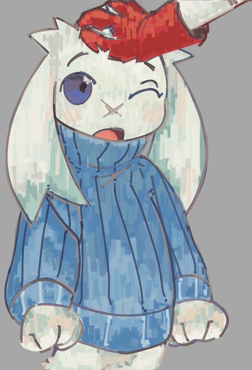 anthro clothed clothing facial_scar female fluffy fluffy_ears fur nose_scar open_mouth scar simple_background solo white_body white_fur toficcino cave_story sue_sakamoto lagomorph leporid mammal mimiga rabbit absurd_res hi_res