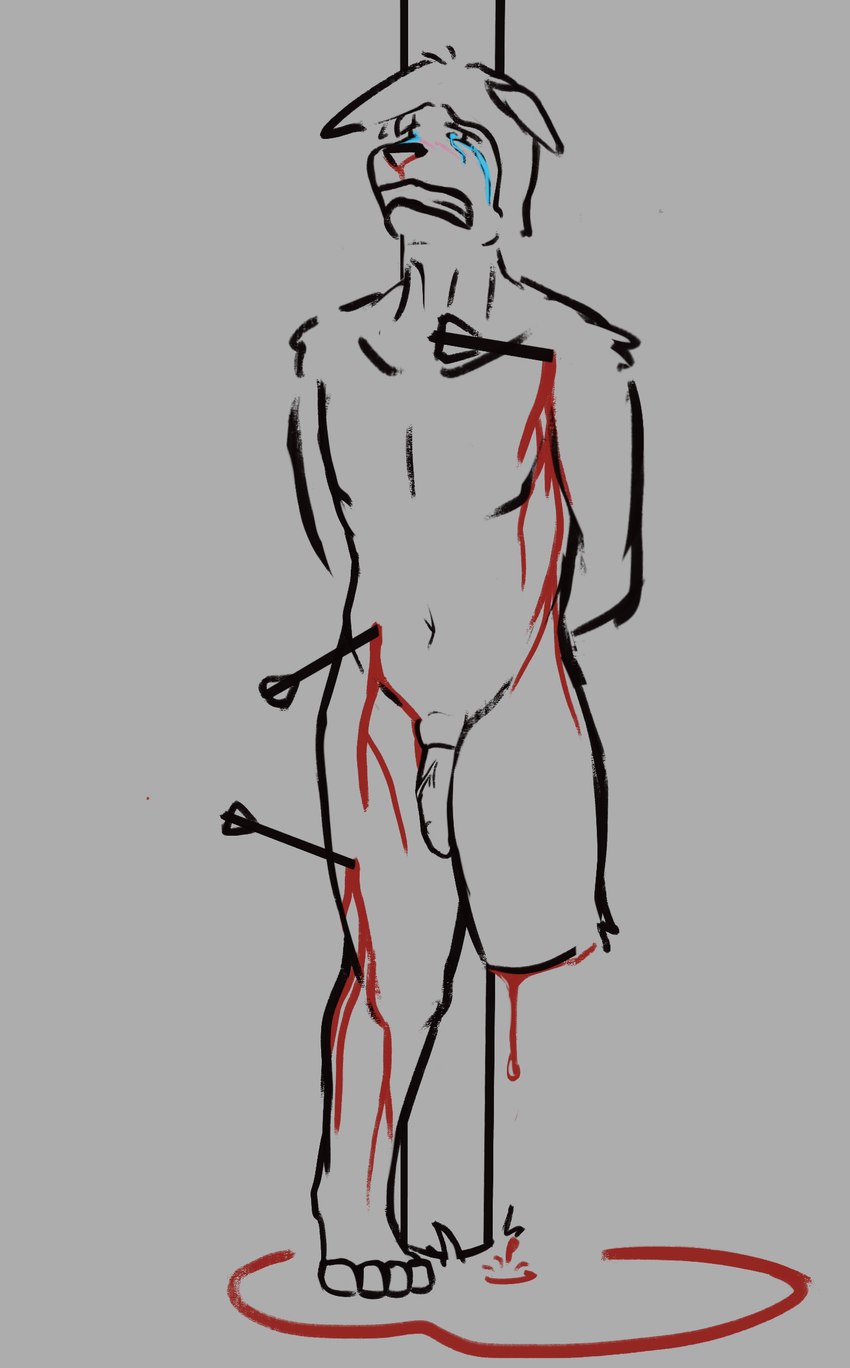 4_toes amputee anthro arrow_(weapon) blood bodily_fluids bound disability dismemberment feet gore gore_focus male nosebleed nude ranged_weapon solo standing tears tied_to_pole toes weapon wounded asphalt_(artist) isaac_(asphalt) canid canine canis domestic_dog mammal hi_res