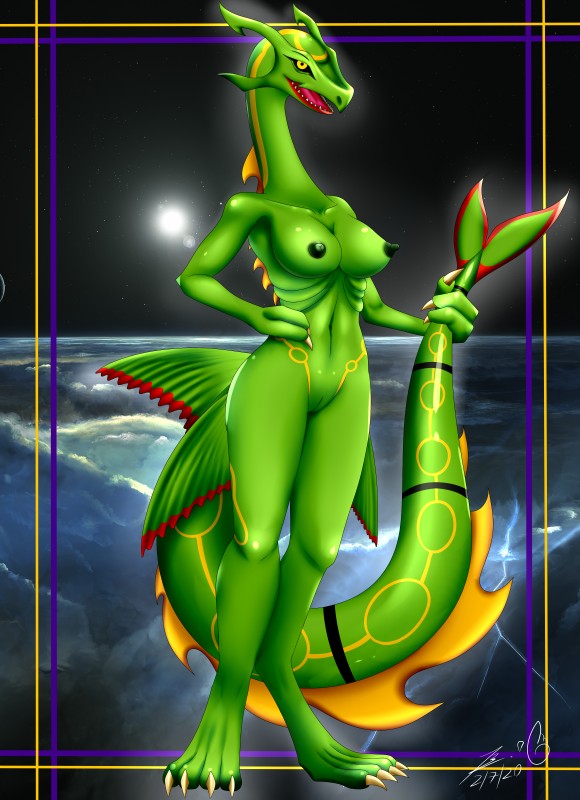 3_fingers anthro anthrofied back_spikes breasts claws detailed_background erect_nipples female fingers fings genitals glistening glistening_body glistening_skin green_body green_tail holding_own_tail holding_tail horn nipples non-mammal_breasts outside planet pokemorph pussy solo space spiked_tail spikes spikes_(anatomy) star tail yellow_eyes yellow_sclera blueondrive mythology nintendo pokemon dragon generation_3_pokemon legendary_pokemon mythological_creature mythological_scalie pokemon_(species) rayquaza reptile scalie absurd_res hi_res