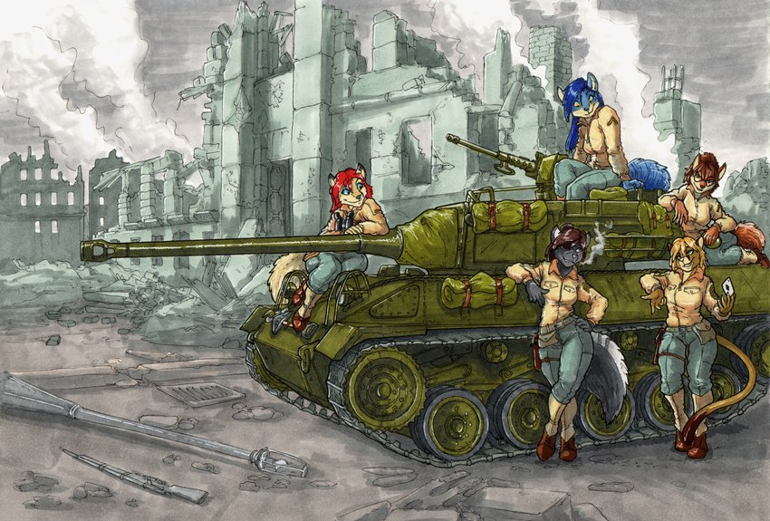 anthro artillery battlefield biped blonde_hair blue_body blue_eyes blue_fur blue_hair brown_body brown_fur brown_hair cigarette debris female fur green_eyes grey_body grey_fur group gun hair m18_hellcat m2_browning machine_gun ranged_weapon red_hair ruins smoking striped_body striped_fur stripes tan_body tan_fur tank_(vehicle) tank_treads vehicle weapon white_body white_fur world_war_2 yellow_eyes ewgengster kari_(fobby) kat_phoenix samantha_von_braun trixie_(stormcallerr) canid canine canis cougar coyote felid feline fox hybrid mammal pantherine tiger tigvix 2019 hi_res traditional_media_(artwork)