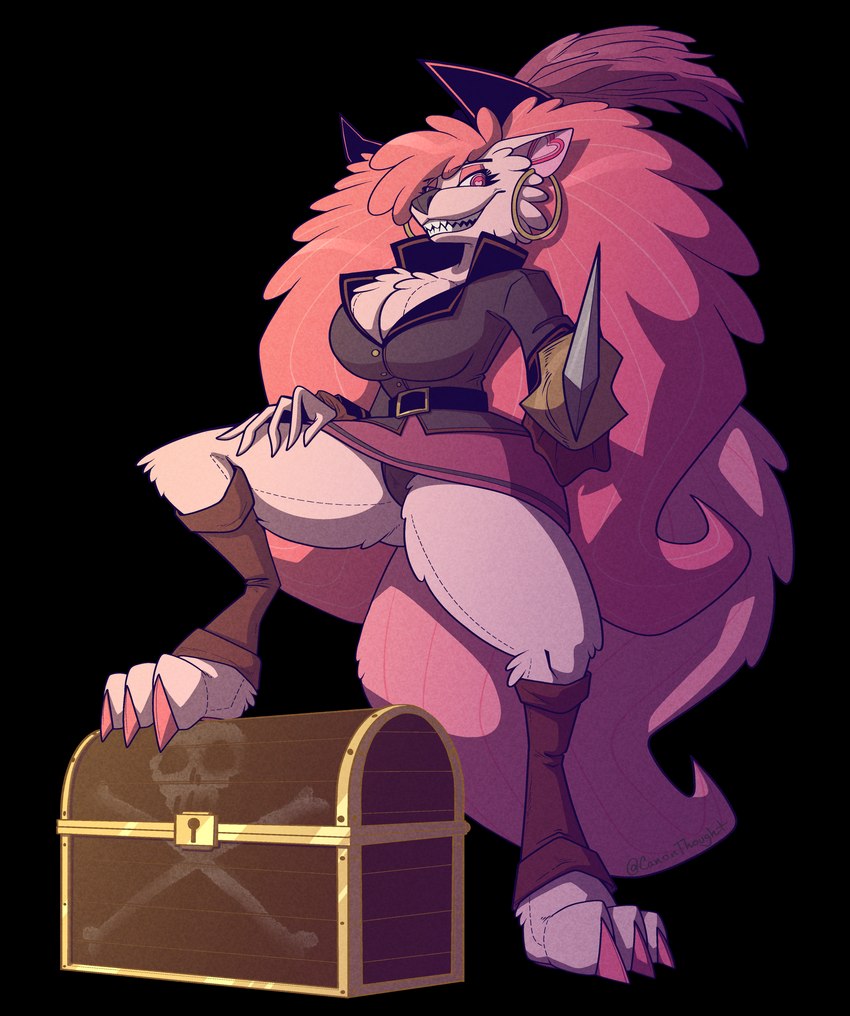 anthro big_breasts bottomwear breasts clothing ear_piercing ear_ring female fur hair long_hair long_tail looking_at_viewer melee_weapon panties piercing pink_body pink_eyes pink_fur pink_hair pirate pirate_hat pirate_outfit plushie pose ring_piercing skirt smile solo sword tail thick_thighs tight_clothing treasure_chest underwear weapon canonthought missi_wolf_(canonthought) animate_inanimate canid canine canis living_plushie mammal wolf absurd_res alpha_channel colored hi_res