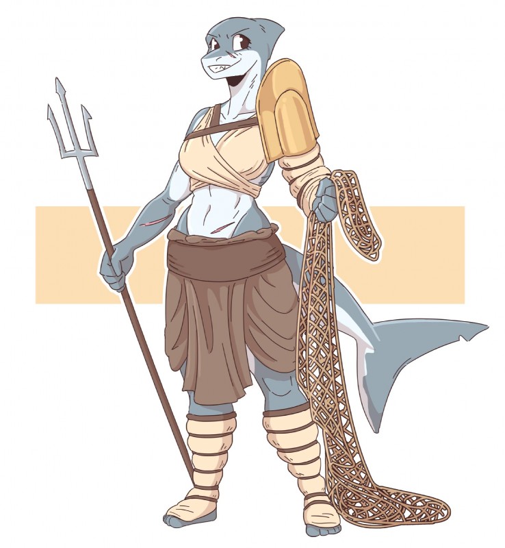 5_fingers anthro armor bottomwear clothed clothing female fingers gladiator gladiatrix holding_net holding_object holding_weapon melee_weapon net polearm ranged_weapon retiarius scar simple_background solo throw_net topwear trident warrior weapon white_background slightlysimian fish marine shark 2019 digital_media_(artwork) hi_res