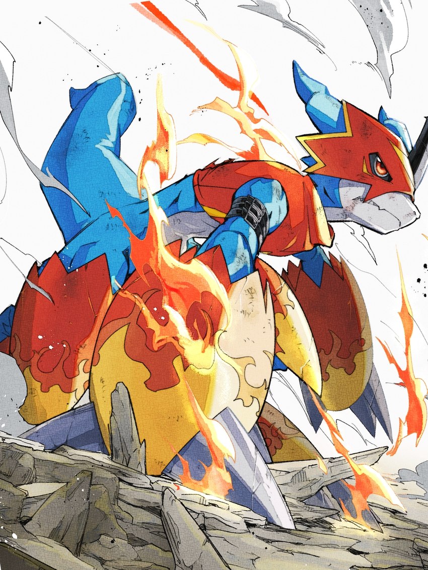 anthro arm_cuffs battle bent_over blue_body clenched_teeth cuff_(restraint) digitigrade fighting_pose fire leather leather_cuffs low-angle_view male pose red_eyes restraints side_view solo straps teeth atakea3 bandai_namco digimon digimon_(species) flamedramon scalie 3:4 hi_res