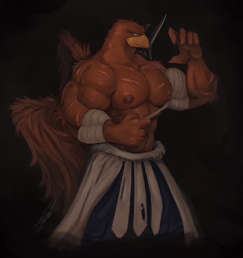 abs anthro armor bandage bandaged_arm beak biceps bottomwear brown_body clothed clothing feathers male membrane_(anatomy) membranous_wings muscular muscular_anthro muscular_arms muscular_male muscular_thighs nipples pants partially_clothed pecs scar scars_all_over serratus simple_background solo topless triceps wings finest elden_ring elden_ring_nightreign fromsoftware guardian_(nightreign) accipitrid accipitriform avian bird mammal hi_res