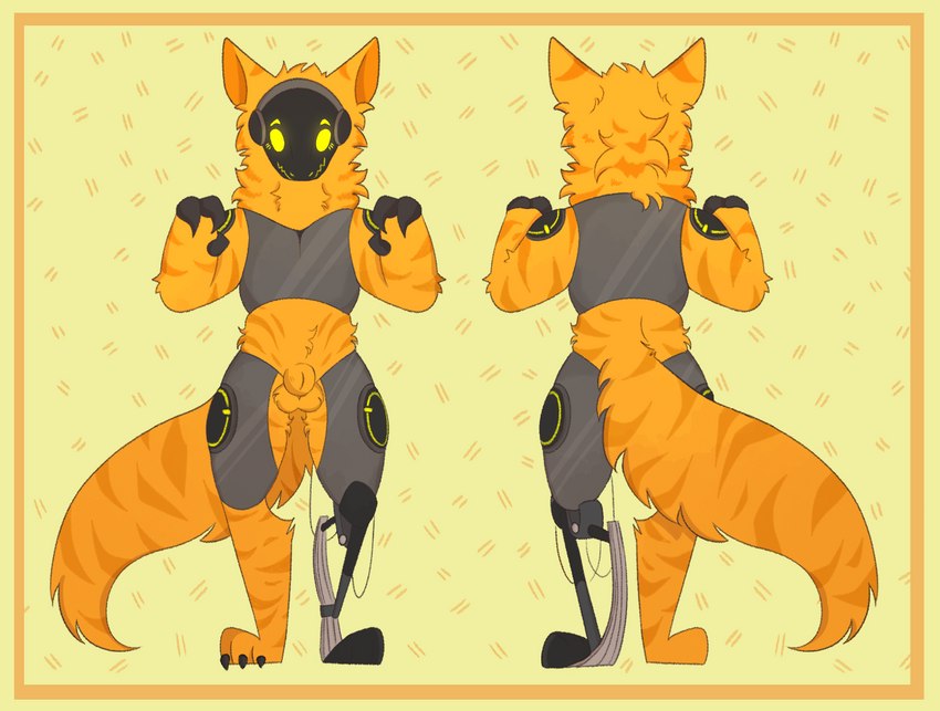 animal_genitalia anthro balls border chibi fully_sheathed fur genitals machine male orange_body orange_fur prosthetic prosthetic_limb sheath solo yellow_border whitefrog725 quest_(xenoyia) hybrid klafenrui protogen model_sheet