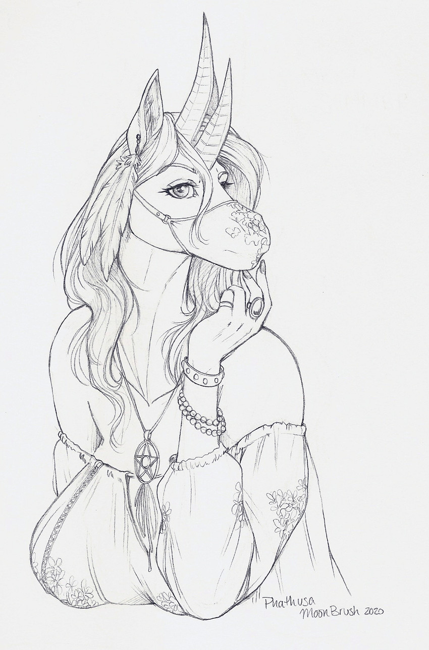 2_horns bracelet clothing ear_piercing face_mask feathers female hair horn jewelry long_hair looking_at_viewer mask necklace piercing ring solo phathusa femtoampere_(character) bicorn equid equine mammal 2020 hi_res monochrome traditional_media_(artwork)