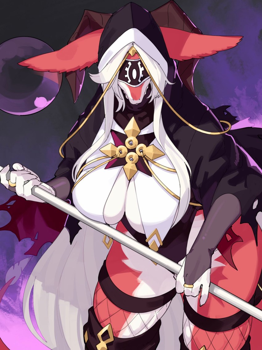 5_fingers anthro big_breasts breasts cleavage cloak clothed clothing countershade_legs countershade_thighs countershade_torso countershading covered_eyes digit_ring female finger_ring fingers fishnet_clothing fur hair holding_object horn jewelry long_ears red_body red_fur simple_background solo tail white_hair kame_3 chronalan_(chronalan) mammal 2024 hi_res