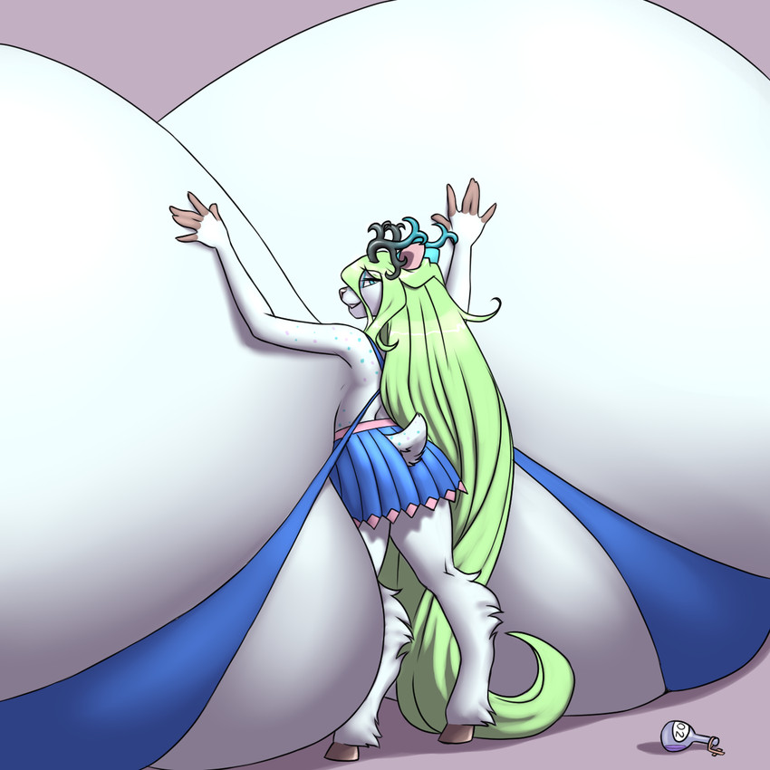 anthro antlers back_boob big_breasts biped blue_eyes bottomwear breasts clothing female female_anthro fur green_hair hair hooves horn huge_breasts hyper hyper_breasts rear_view side_boob skirt solo spots standing white_body white_fur furball deer mammal 1:1 2026 hi_res