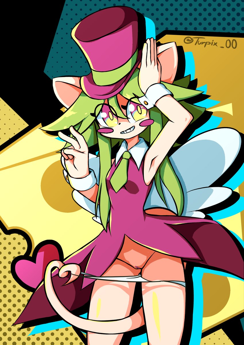 anthro blush blush_stickers breasts clothing clothing_pull cuff_links female genitals green_hair hair hat headgear headwear heart_symbol heart_tail long_hair necktie panties panty_pull pussy rat_ears rat_tail smile solo tail top_hat underwear underwear_pull wings third-party_edit turpix mad_rat_dead nippon_ichi_software rat_god_(mad_rat_dead) animal_humanoid humanoid mammal mammal_humanoid mouse_humanoid murid murid_humanoid murine murine_humanoid rat rodent rodent_humanoid absurd_res hi_res